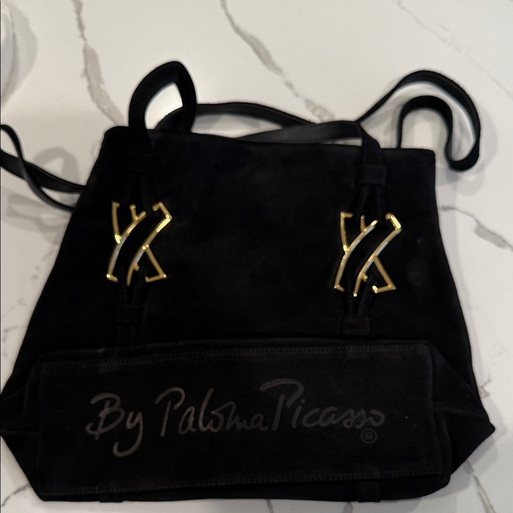 Vintage Paloma Picasso Black Suede Shoulder Bag with Gold Accents.